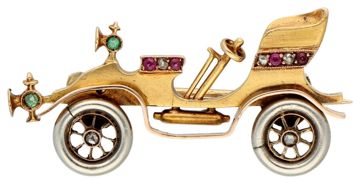 14K Bicolor gouden broche van een antieke auto