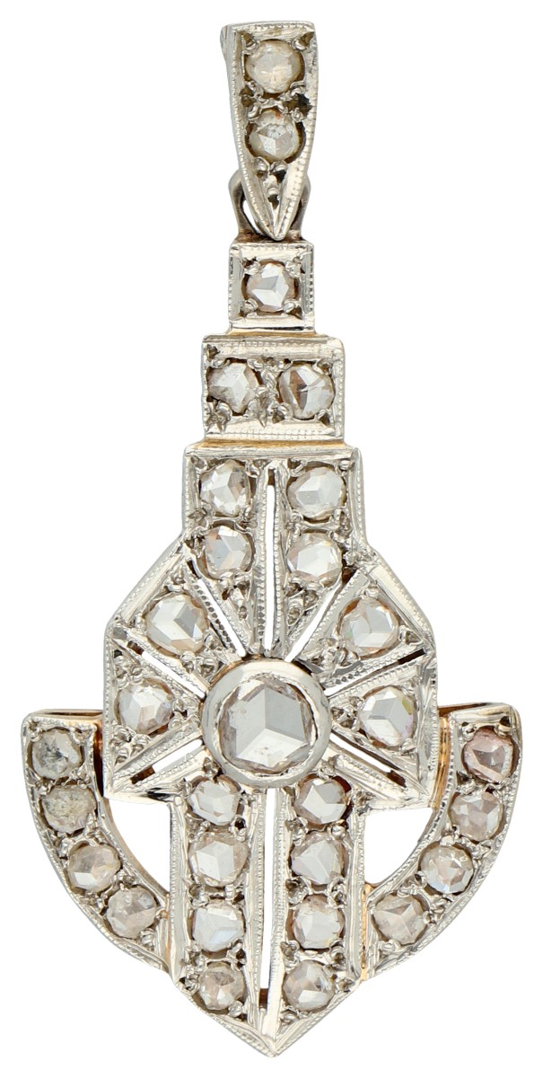 18K Witgouden Art Deco stijl hanger met roos diamant.