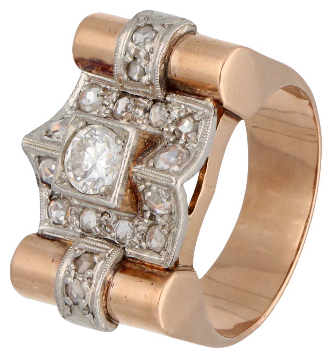 14K Roségouden Tank ring bezet met ca. 0.35 ct. diamant.