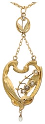 Franse 18K geelgouden Art Nouveau lelietje der dalen hanger aan collier met zaadparels.