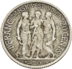 Danish West Indies. Frederik VIII. 20 Cents (1 Franc). 1907. F.