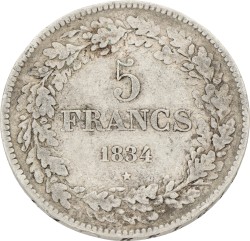 Belgium. Leopold I. 5 Francs. 1834. VF +.