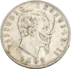 Italy. Kingdom. Vittorio Emanuele II. 5 Lire. 1865 T BN. VF.