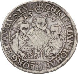 German States. Saxony. Electrorate. Christian II (1591-1611) John George I (Hans Georg I) (1591-1656) Augustus (August) (1591-1615). Thaler. 1595. VF.