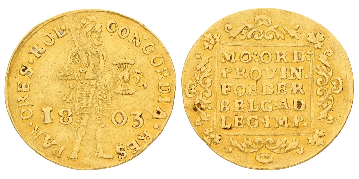 Gouden dukaat. Holland. 1803. Zeer Fraai.