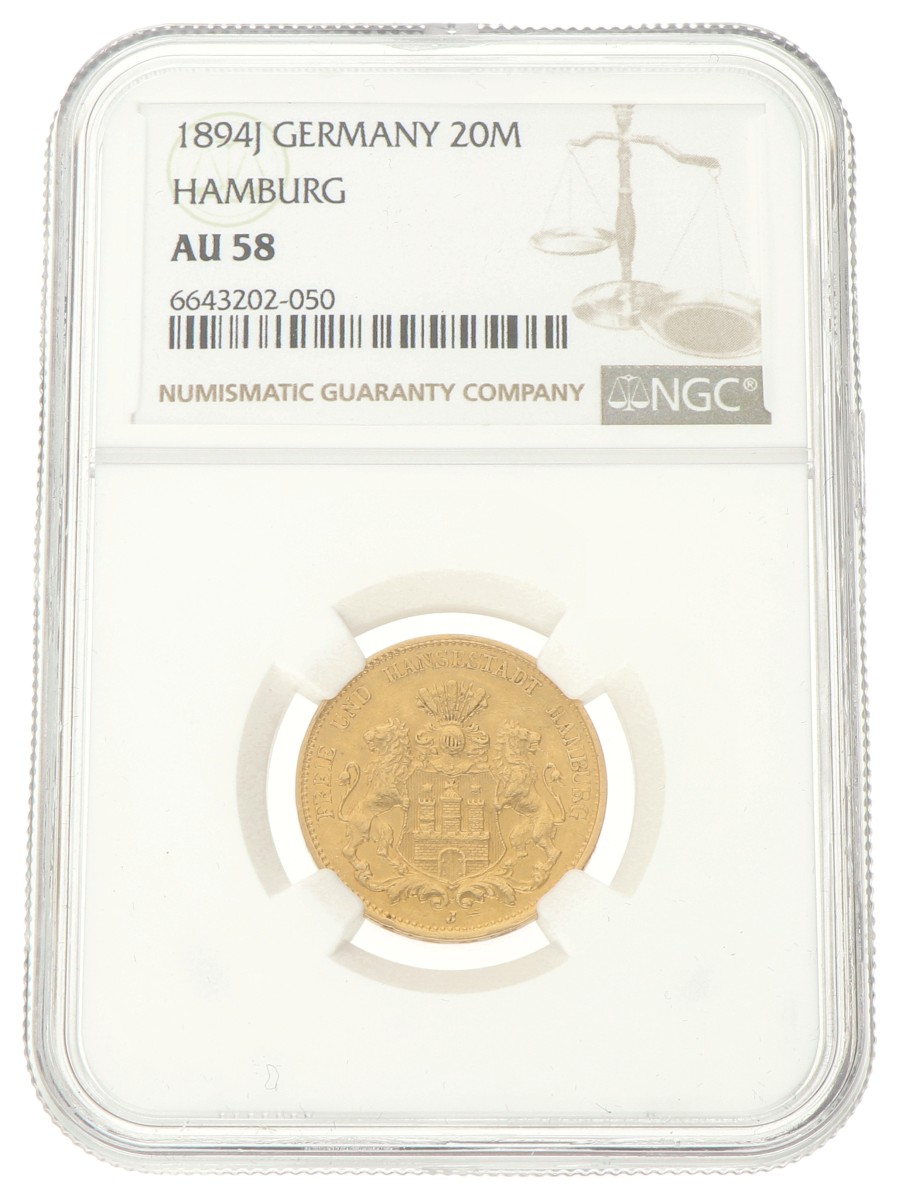 German states. Hamburg. 20 Mark. 1894 J. AU 58.