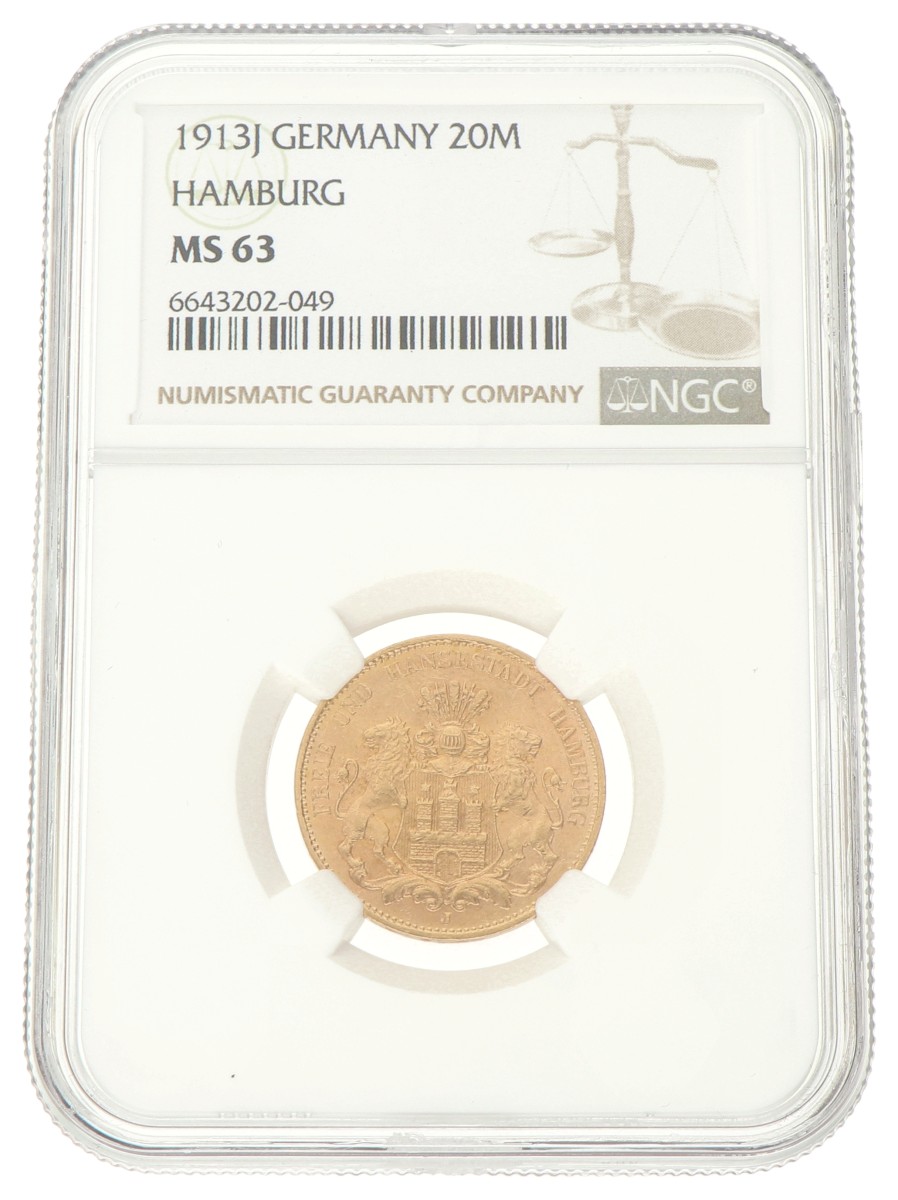 German states. Hamburg. 20 mark. 1913 J. MS 63.