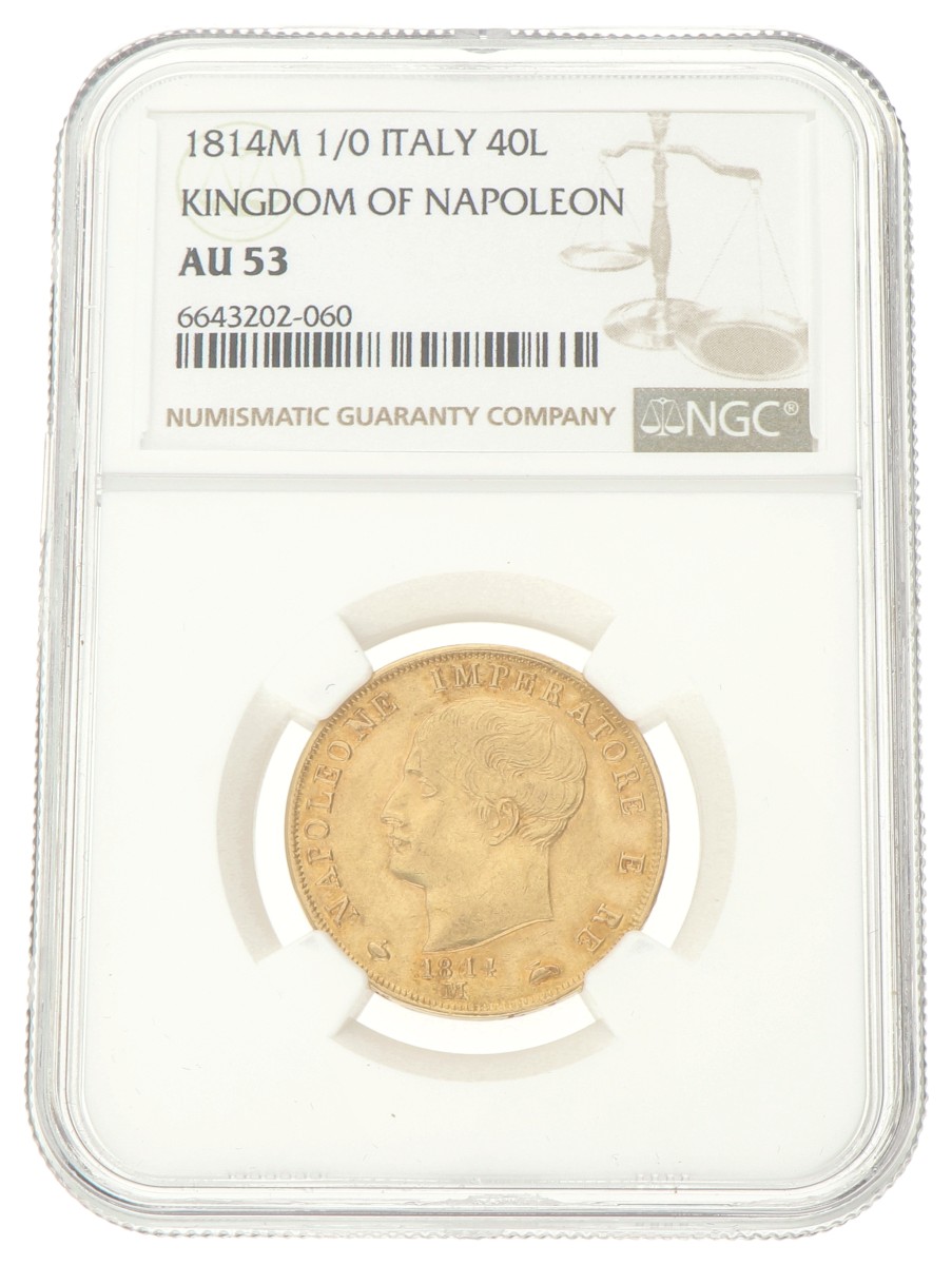 Italian states. Napoleonic kingdom. Napoleon. 40 Lire. 1814 M. AU 53.