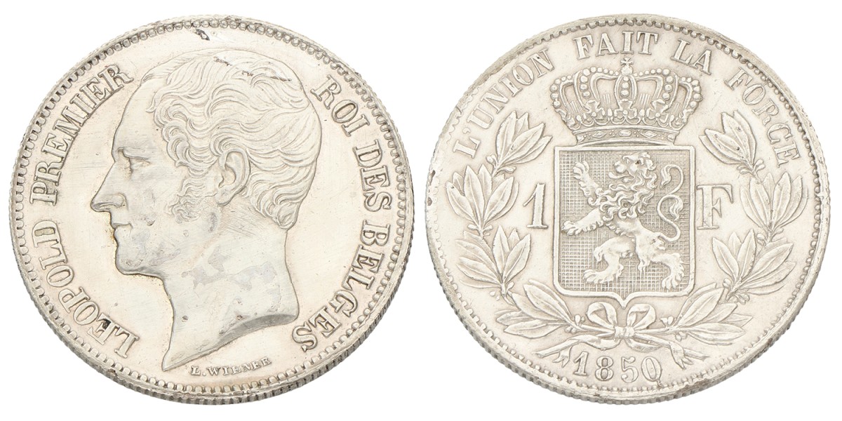 Belgium. Leopold I. 1 Franc. 1850. XF.