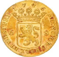 Scheepjesschelling van 6 stuiver. Afslag in goud. Holland. 1746. Prachtig / UNC.