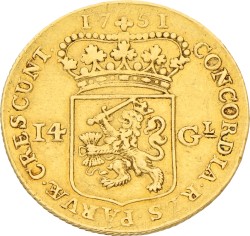 Gouden rijder van 14 gulden. Holland. 1751. Zeer Fraai.
