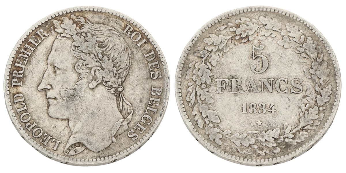 Belgium. Leopold I. 5 Francs. 1834. VF +.