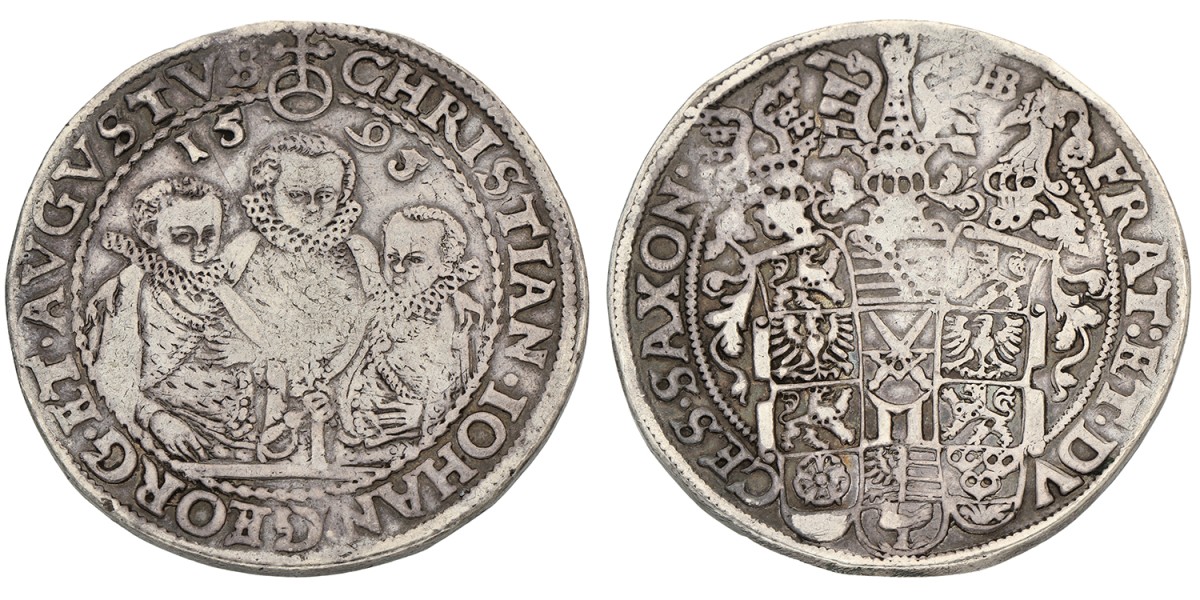 German States. Saxony. Electrorate. Christian II (1591-1611) John George I (Hans Georg I) (1591-1656) Augustus (August) (1591-1615). Thaler. 1595. VF.