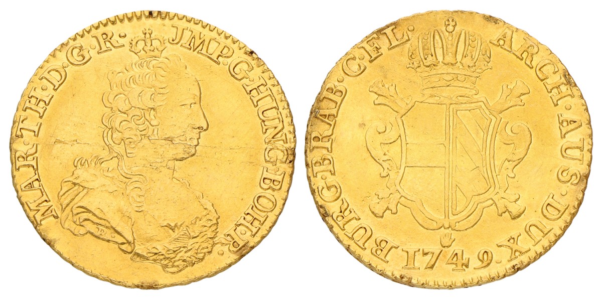 Dubbele soeverein. Brabant. Antwerpen. Maria Theresia. 1749. Zeer Fraai.