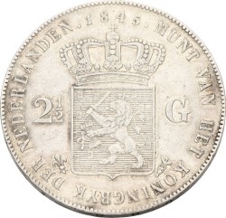 2½ Gulden. Willem II. 1845 Parel op Band. Zeer Fraai+.