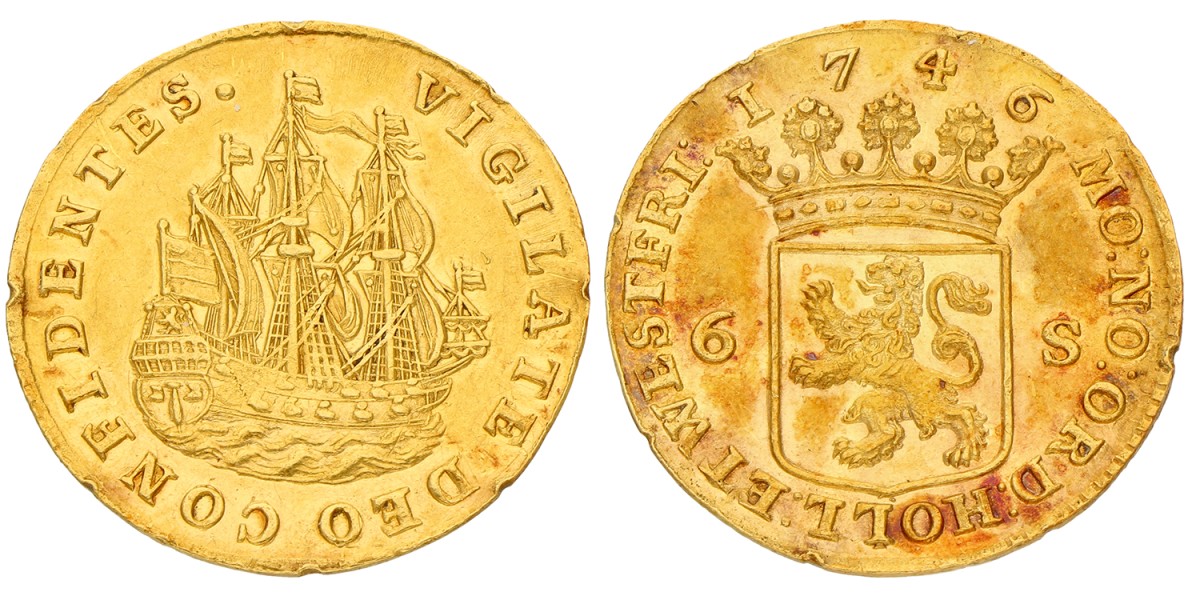 Scheepjesschelling van 6 stuiver. Afslag in goud. Holland. 1746. Prachtig / UNC.