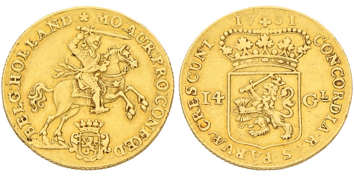 Gouden rijder van 14 gulden. Holland. 1751. Zeer Fraai.