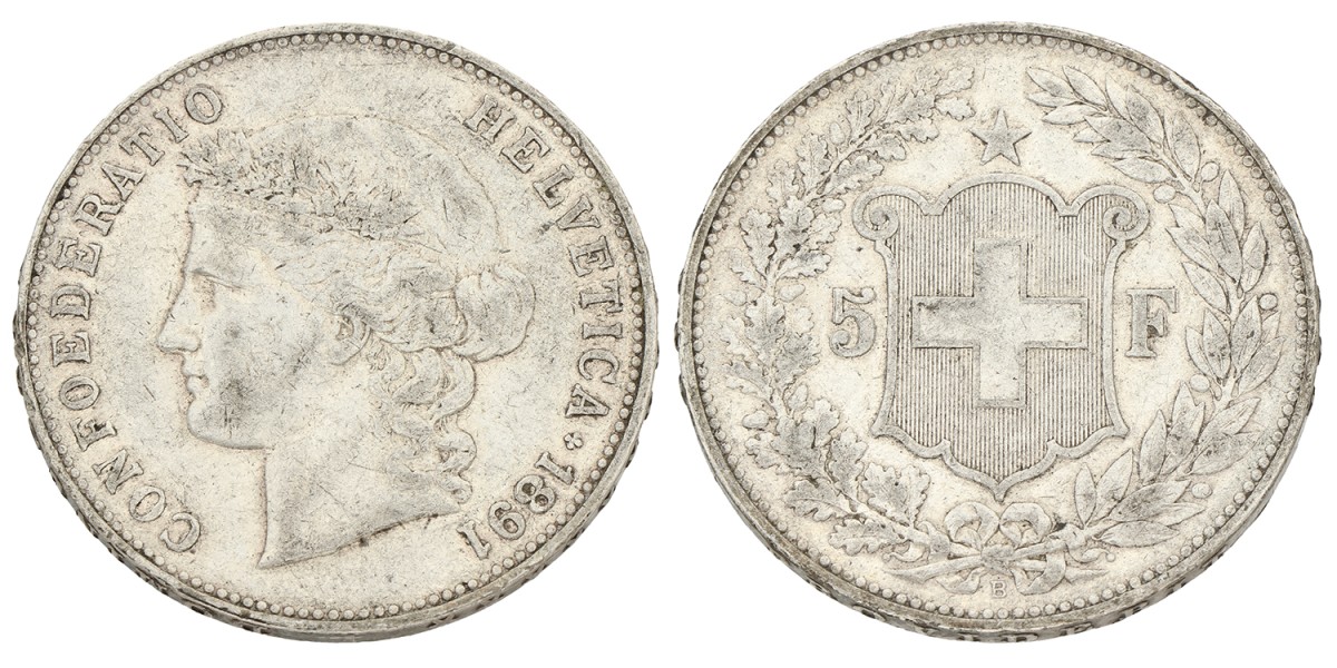 Switzerland. 5 Francs. 1891. VF.