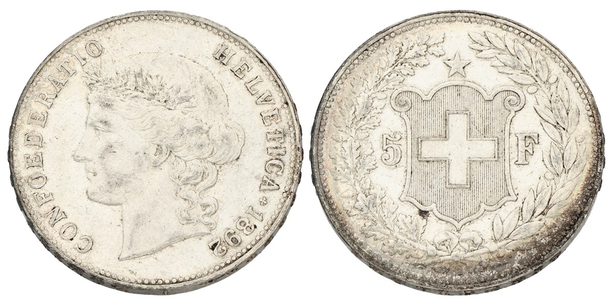 Switzerland. 5 Francs. 1892. VF.