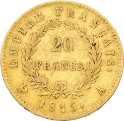 France. Paris. Napoleon Bonaparte. 20 Francs. 1815 A. VF.