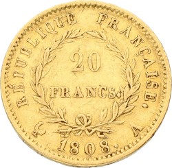 France. Paris. Napoleon Bonaparte. 20 Francs. 1808 A. VF.