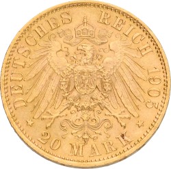 German States. Saxony. Frederick Augustus III. 20 Mark. 1905 E. XF.