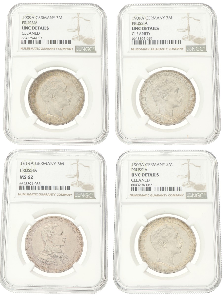 German states. Prussia. Wilhelm II. Lot (4) 3 Mark. 20th Century. UNC Details & MS 62.