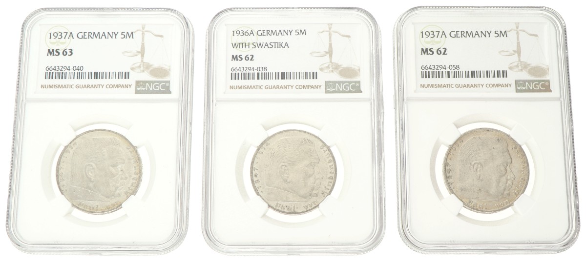 Germany. Third Reich. Lot (3) 5 Mark. 1936 & 1937 A. MS 62 & 63.