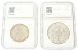 German states. Baden. Friedrich II. Lot (2) 5 Mark. 1908 & 1913 G. MS 63 & AU details.