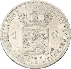 1 Gulden. Willem I. 1824 met streepje. Zeer Fraai.