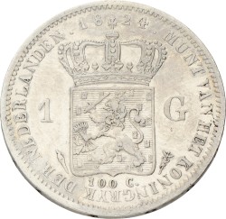 1 Gulden. Willem I. 1824 met streepje. Zeer Fraai.