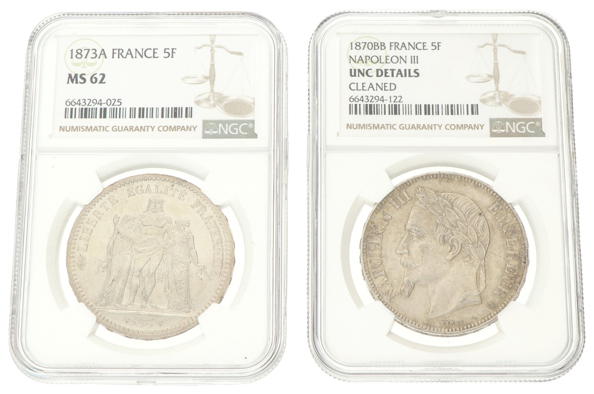 France. Lot (2) 5 Francs. 1873 A & 1870 BB. MS 62 & UNC details.