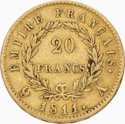 France. Napoleon Bonaparte. 20 Francs. 1811 A. VF +.