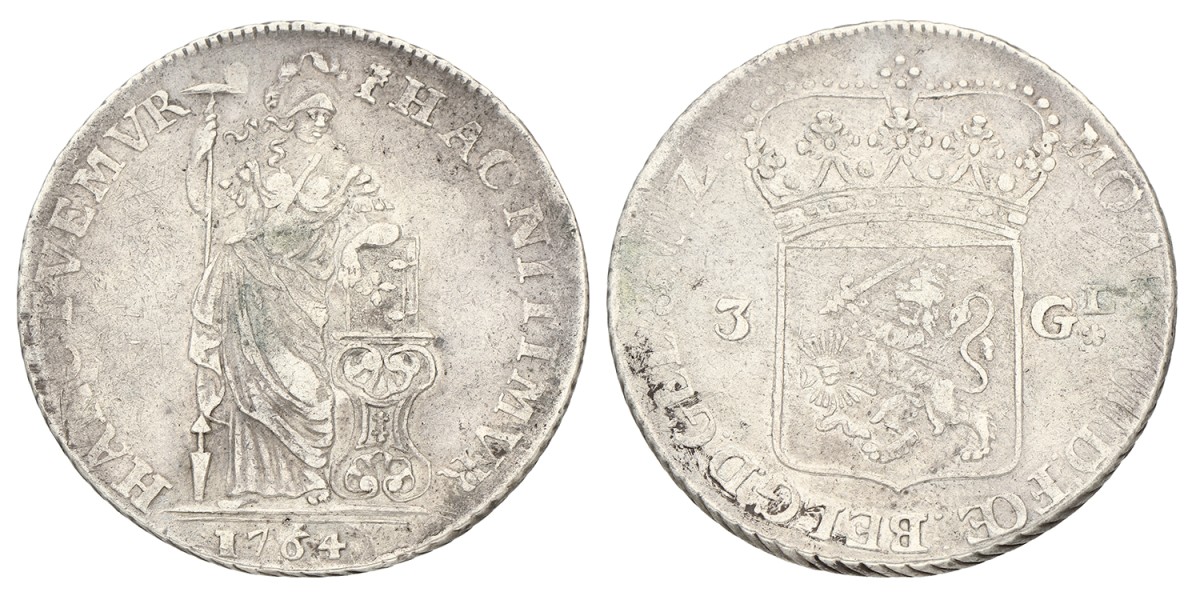 3 gulden - generaliteits. Gelderland. 1764. Zeer Fraai +.