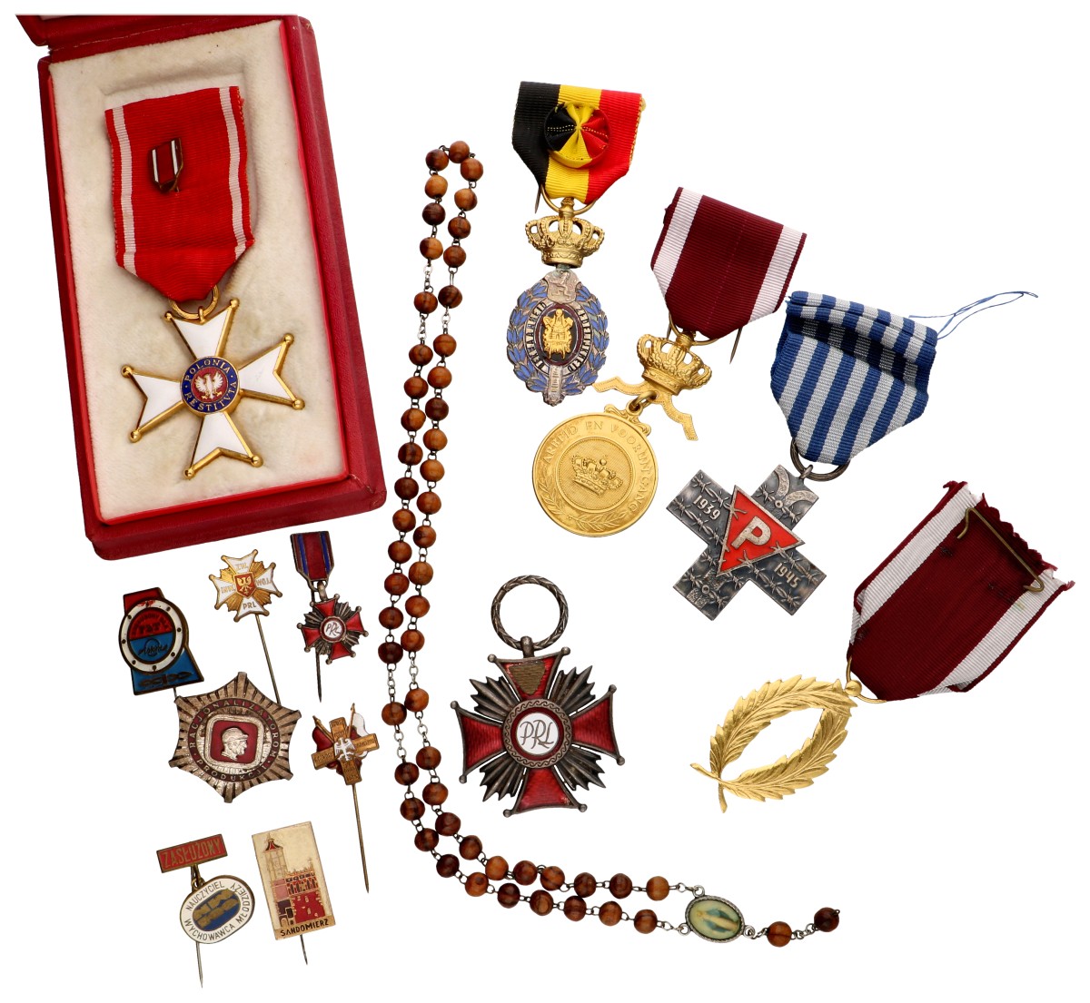 Poland. 20th century. Diverse merit medals and pins - including 3 Belgian medals & an rosary.