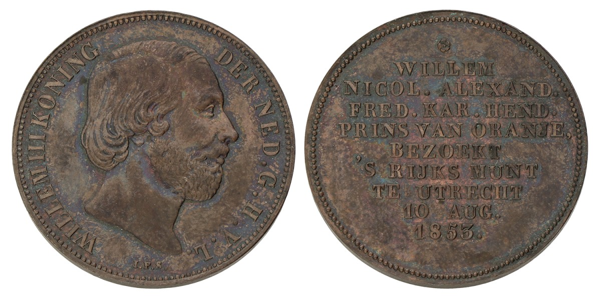 1 Gulden - Afslag in brons. Geslagen ter gelegenheid van het bezoek aan de Rijksmunt. Utrecht. Willem III. 1853. UNC -.