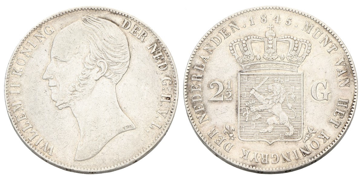 2½ Gulden. Willem II. 1845 Parel op Band. Zeer Fraai+.