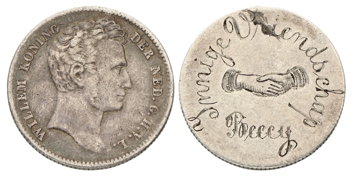 ½ Gulden - Vriendschapspenning 'Innige vriendschap. Beccy'. Nederlands-Indië. Willem I. Z.j. Zeer Fraai.