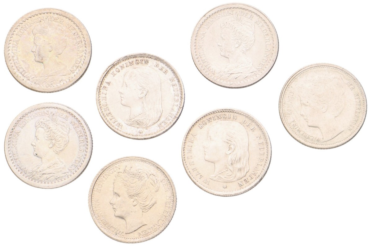 Lot (7) 10 Cent. Wilhelmina. 19th & 20th Century. Average AUnc.