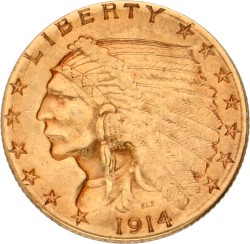 USA. 2½ Dollars - 'Indian Head'. 1914. Aunc.