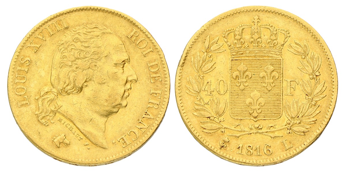 France. Louis XVIII. 40 Francs. 1816L. XF.