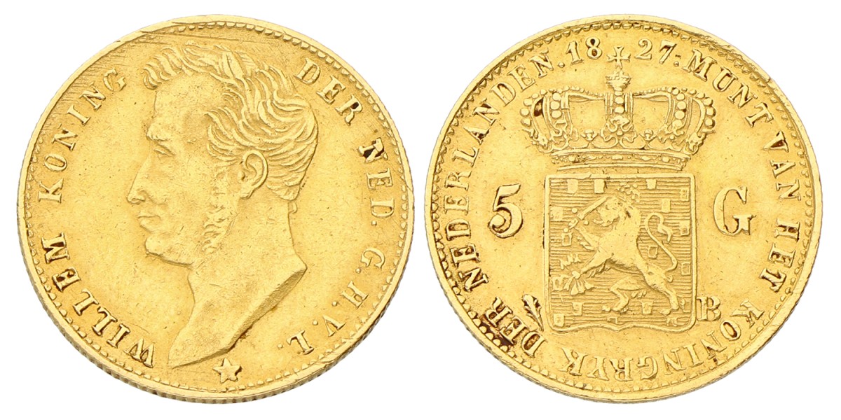 5 Gulden. Willem I. 1827B. Prachtig.