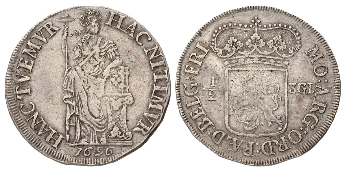 Halve 3 Gulden. Friesland. 1696. Zeer Fraai -.