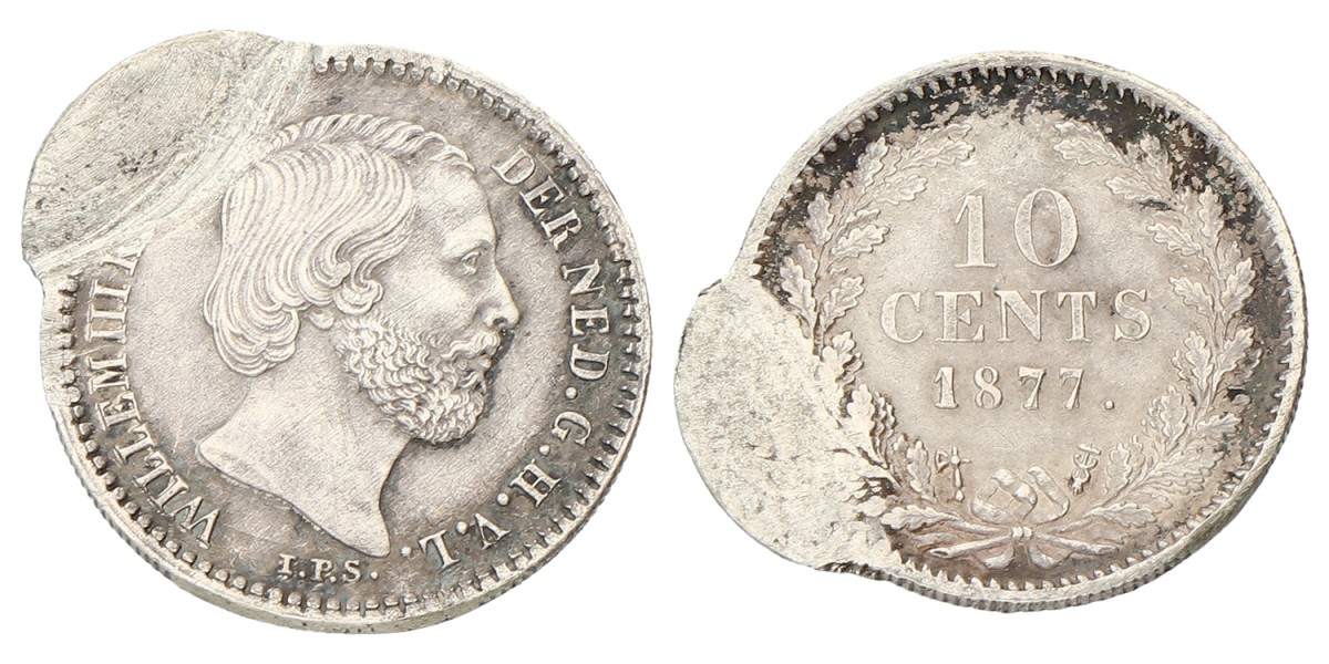 10 Cent - misslag petje. Willem III. 1877. Zeer Fraai.