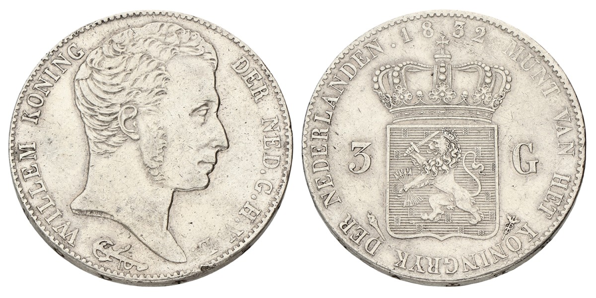 3 Gulden - Overslag. Willem I. 1832/1821. Prachtig.