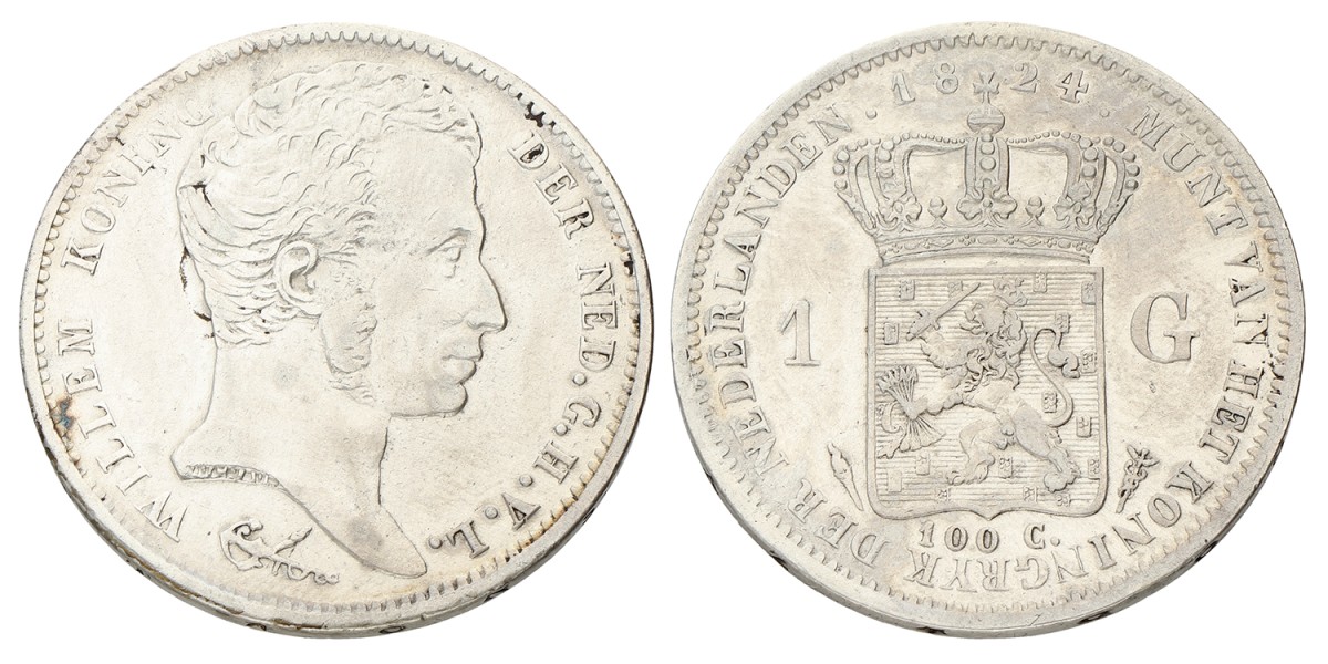 1 Gulden. Willem I. 1824 met streepje. Zeer Fraai.