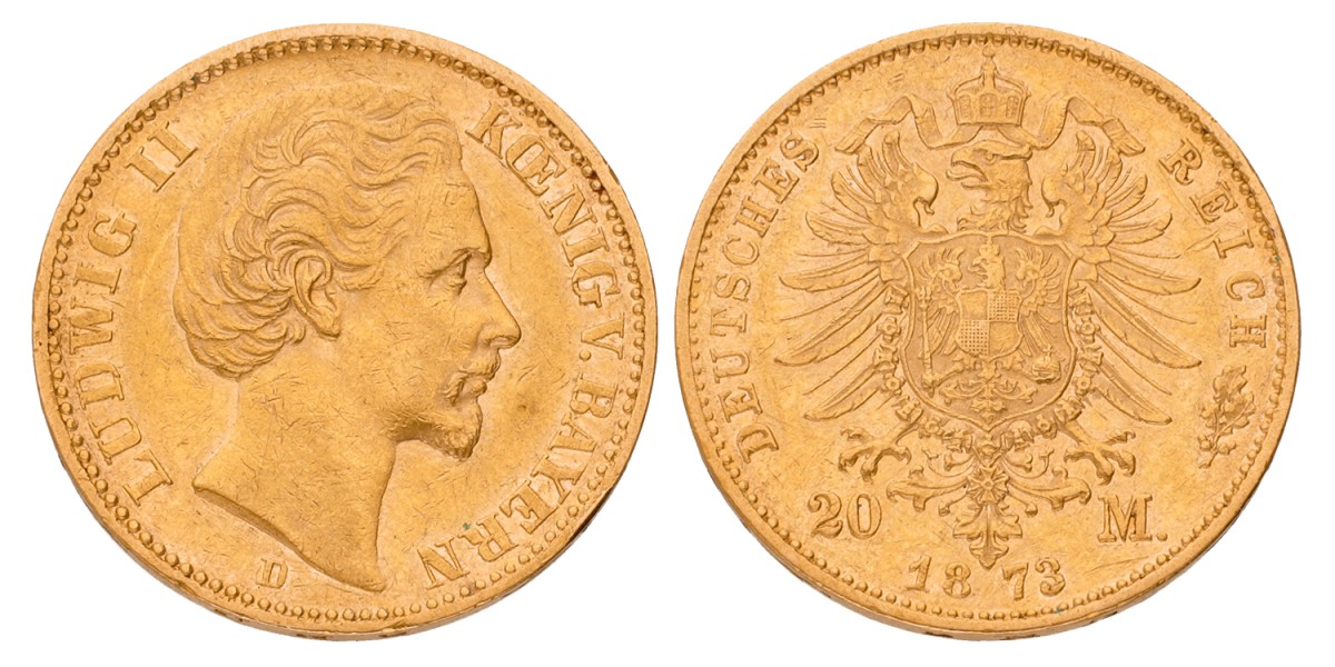 German states. Bavaria. Louis II. 20 Mark. 1873. XF +.