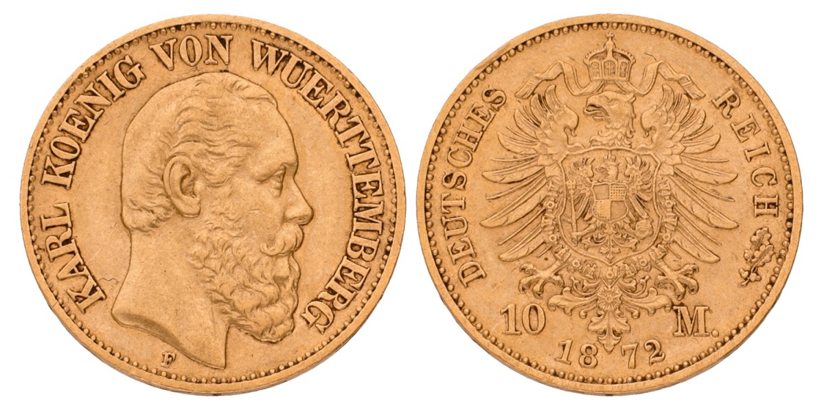 German states. Württemberg. Charles I. 10 Mark. 1872. VF / XF.