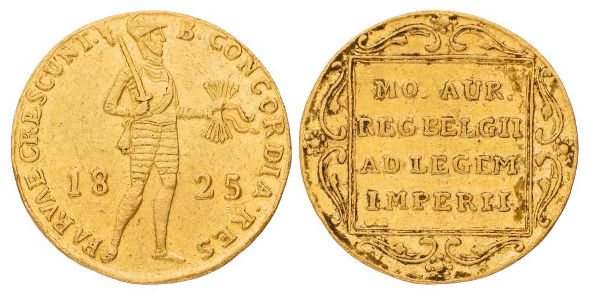 Gouden Dukaat. Willem I. 1825 B. Zeer Fraai / Prachtig.