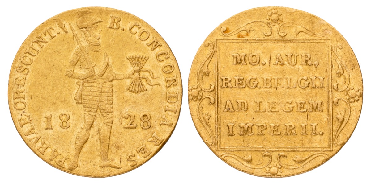 Gouden dukaat. Willem III. 1828 B. Zeer Fraai / Prachtig.